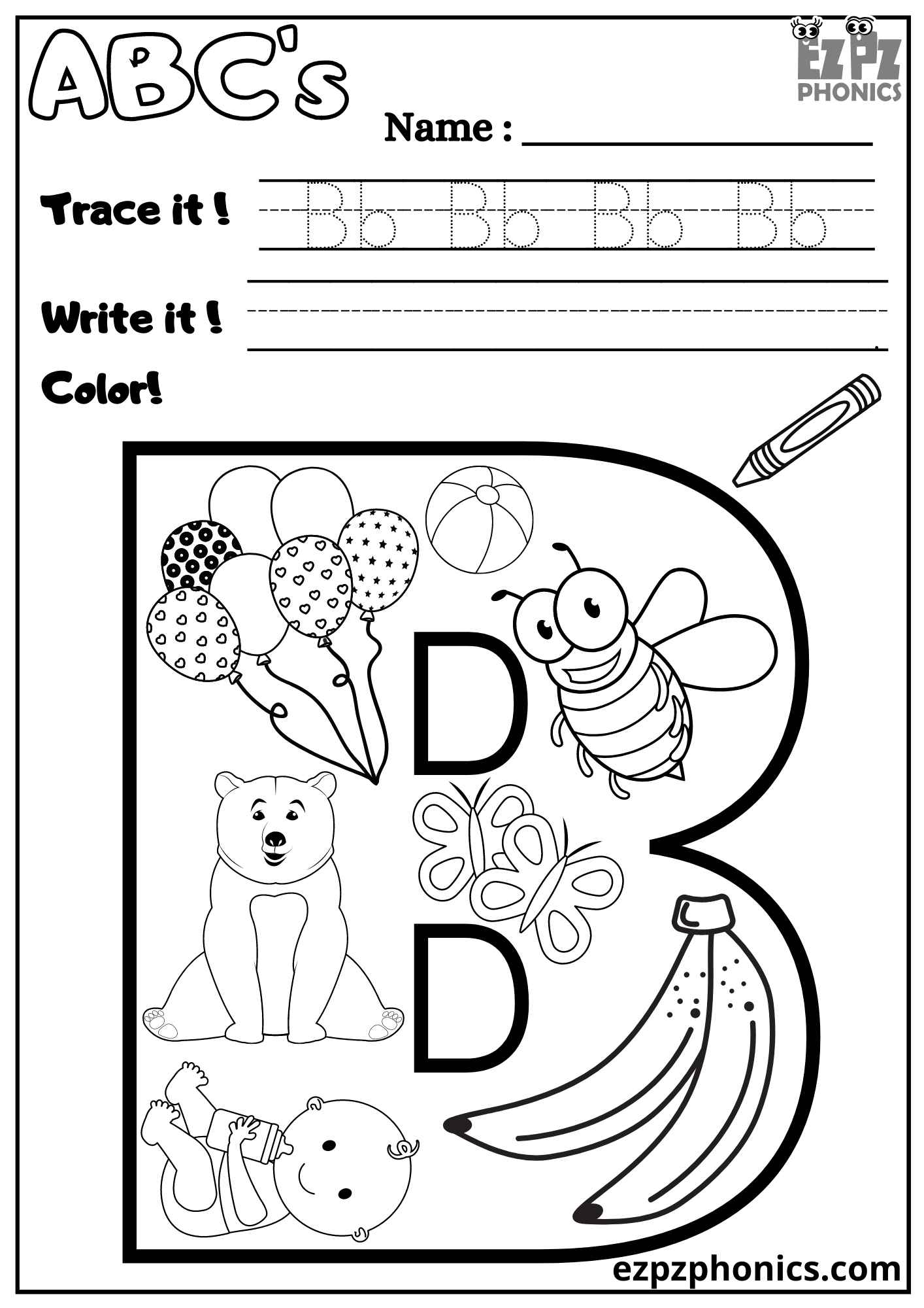 Letter b trace write and color ezpzphonics